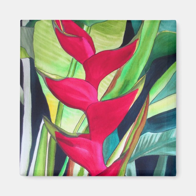 Heliconia Lobster Klo tropiska vattenfärgsblommor Magnet (Framsidan)