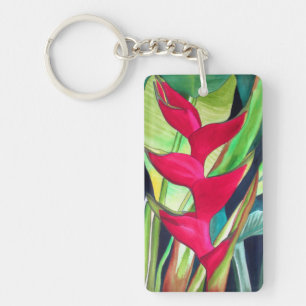 Heliconia Lobster Klo tropiska vattenfärgsblommor Nyckelring