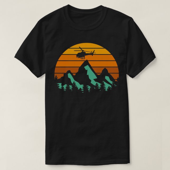 Helicopter Vintage Mountains Heli Pilot Sunset T Shirt (Design framsida)