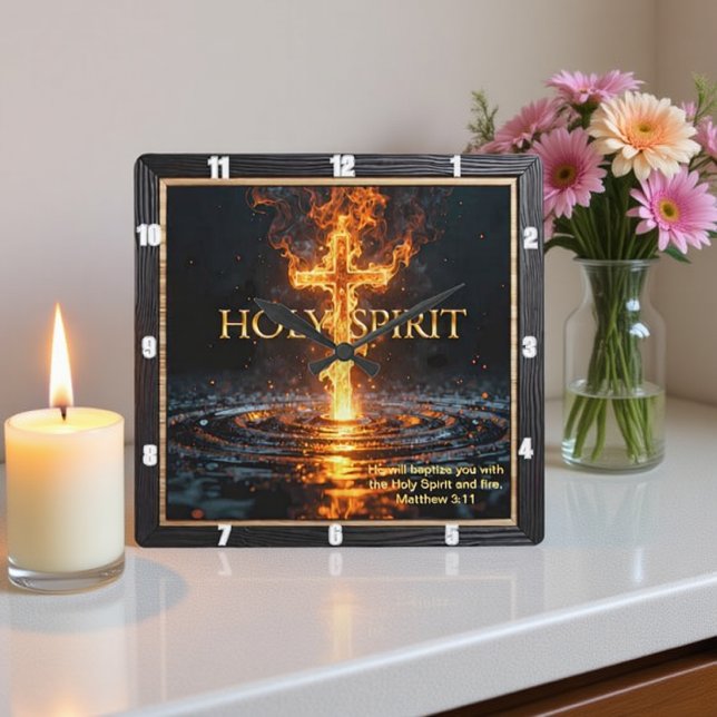 Helig Ande Eld Kors Vatten Lysande Matteus 3:11 Fyrkantig Klocka (Skapare uppladdad)