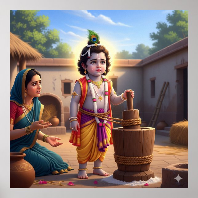 Helig Blå Traditionell Damodara Bala Krishna Poster (Framsidan)