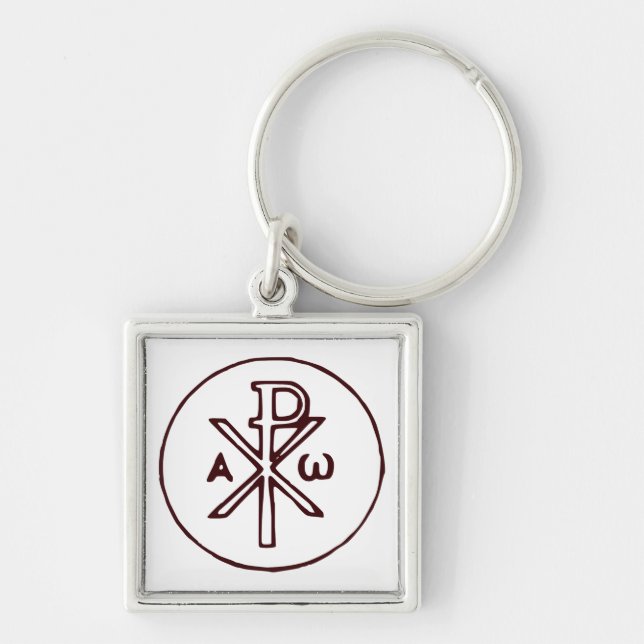 Helig Chi-Rho Kristogram Finkonst Fyrkantig Silverfärgad Nyckelring (Framsidan)