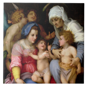 Helig familj med änglar, c.1515-16 (olja på pane kakelplatta