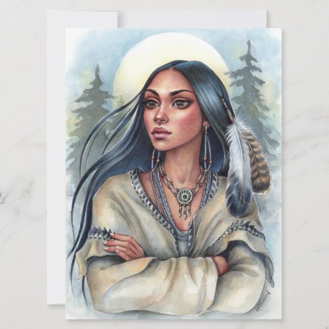 Helig Feathers Native Woman Spirit Måne Art Card (Framsida)