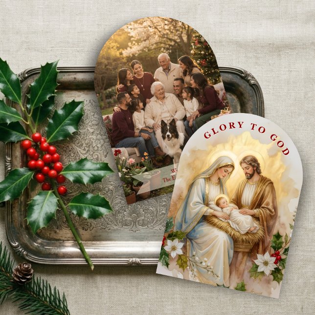 Helig födelsedag religiös båge Guld Foto TMF2 Julkort (Holy Nativity Religious Arch Greeting Card Featuring Elegant Faux Watercolor Illustration.)