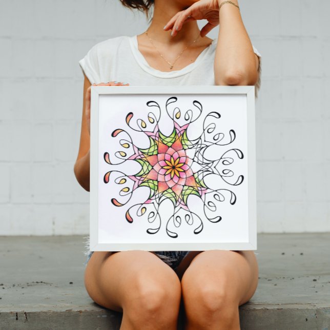 Helig Geometry Flower Mandala Vuxen Coloring Poster (Colorful geometric Floral Mandala coloring poster in a white frame.)