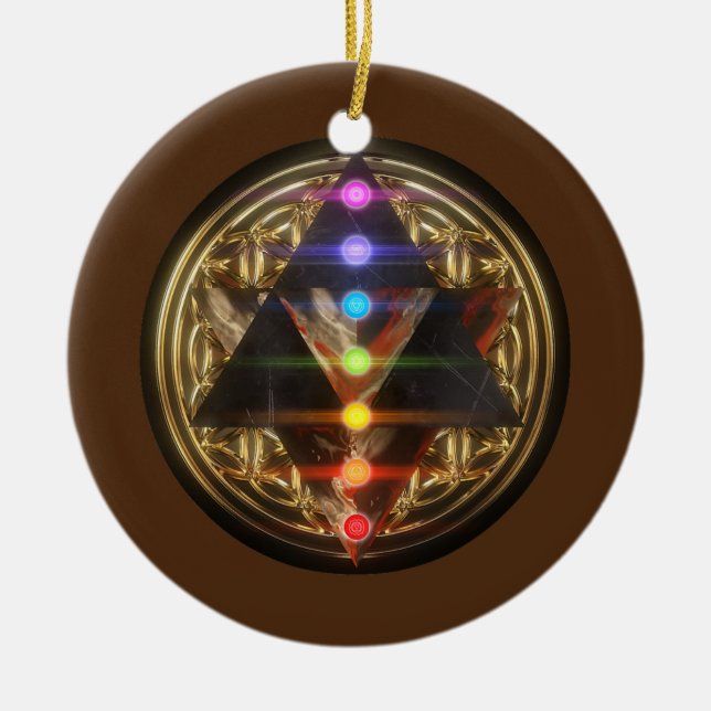 Helig Geometry Merkaba med Flower of Life Guld Julgransprydnad Keramik (Framsidan)