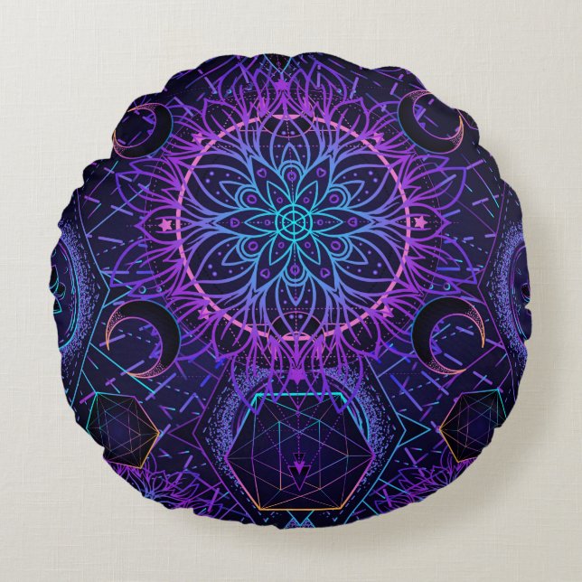 Helig Geometry sömlös mönster. Hindu-symboler för Rund Kudde (Framsidan)