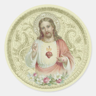 Helig Heart-Blommigten Jesus Religiösa Runt Klistermärke