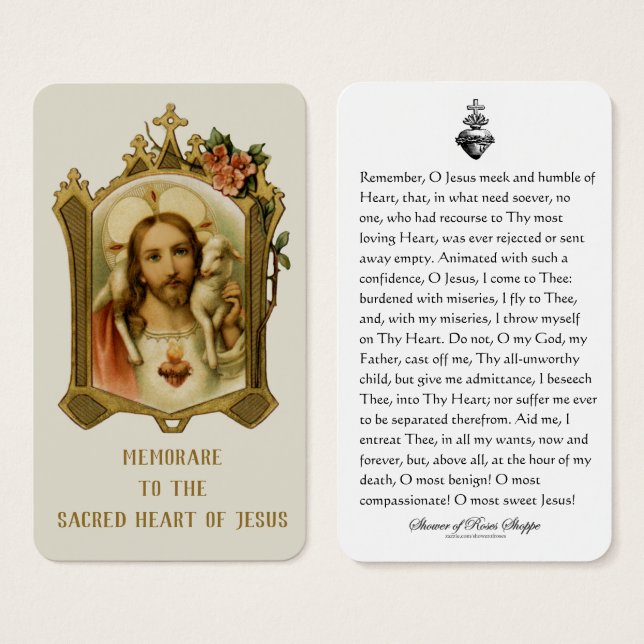 Helig Heart Jesus katolska Memorare Prayer Visitkort (Framsida & baksida)