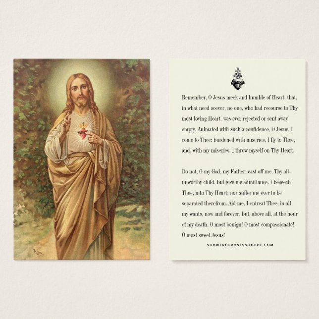 Helig Heart Jesus katolska Memorare Prayer Visitkort (Framsida & baksida)