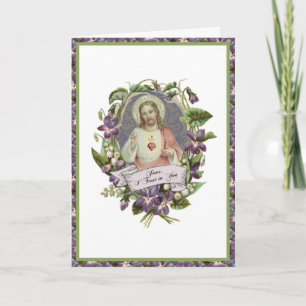 Helig Heart Jesus Violet Blommigt Vintage Prayer Kort