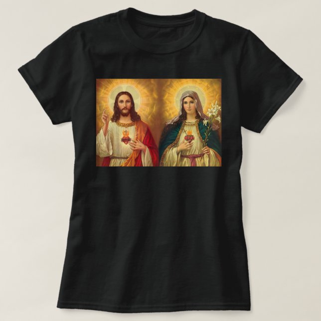 Helig Heart och Immaculate Heart Bild Jesus och T Shirt (Design framsida)