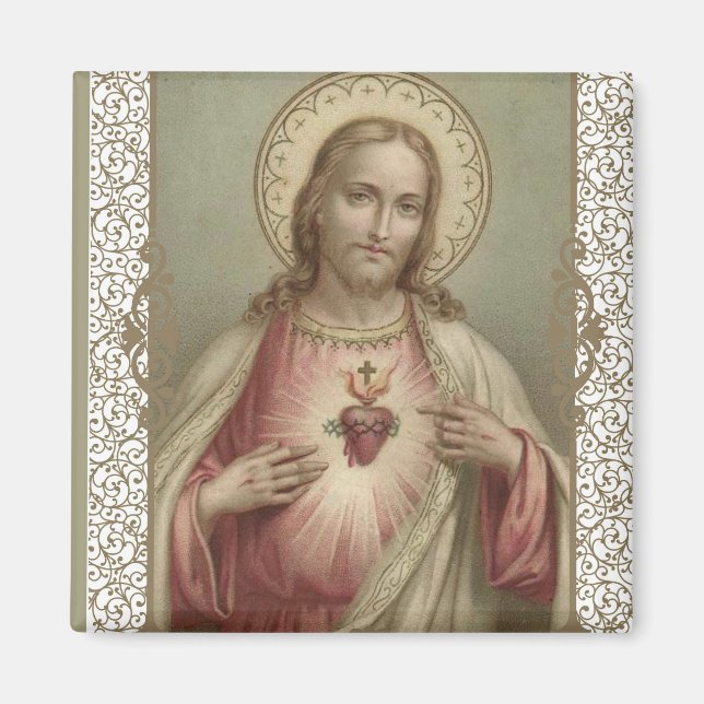 Helig Heart of Jesus med dekorativa gräns Magnet (Framsidan)