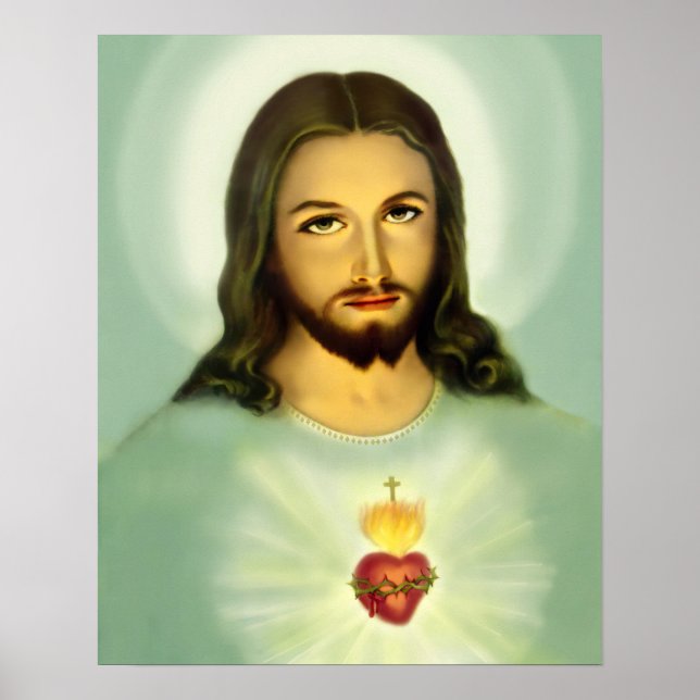 Helig Hjärtat of Jesus Traditional Blue tone Poster (Framsidan)