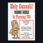 Helig inbjudan Cannoli roterande för 70 party<br><div class="desc">Helig inbjudan Cannoli roterande för 70 party. Denna inbjudan presenterar en tecknadcannoli. En underbar inbjudan för ett party för en italiensk man eller kvinna eller någon som älskar bakelse. Partyn bör vara roliga och fyllda med laughter,  så få alla i en partymood med denna roliga sjuttionde inbjudan!</div>
