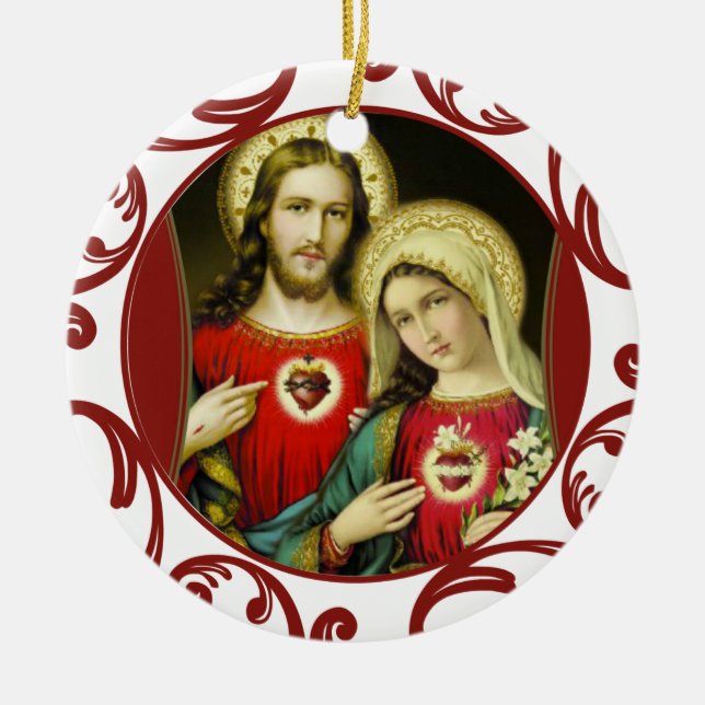 Helig Jesus Omakulerar Heart Mary Red Snöre Julgransprydnad Keramik (Framsidan)