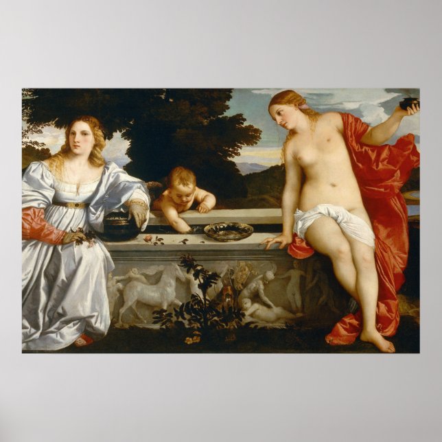 Helig kärlek och profan kärlek av Titian Cupid Ven Poster (Framsidan)