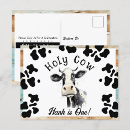 Helig ko 1-års födelsedag Vattenfärg Vykort