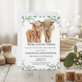 Helig ko Highland tvilling baby shower Eukalyptus  Inbjudningar