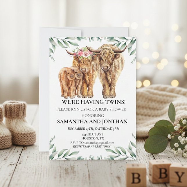 Helig ko Highland tvilling baby shower Eukalyptus  Inbjudningar (Skapare uppladdad)