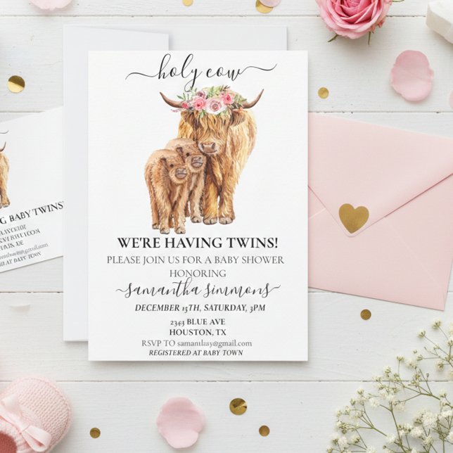 Helig ko Högbarnkalv Baby Shower Tvillingar  Inbjudningar (Skapare uppladdad)