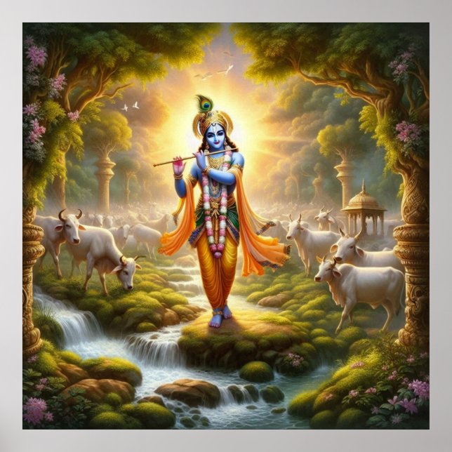Helig Krishna Traditionell Gopinath Flöjt Konst  Poster (Framsidan)