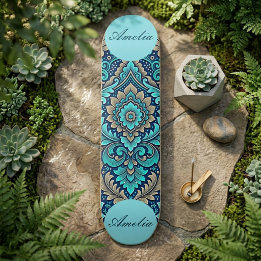 Helig Mandala Marinblå Teal Damasker Andlighet Mini Skateboard Bräda 18,5 Cm
