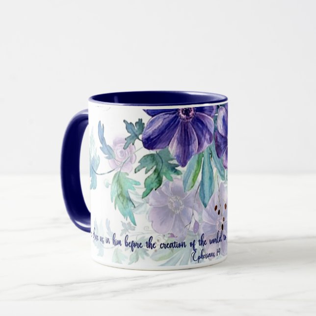 Helig och klanderfri, lila akvarellblomma mugg (Framsida vänster)