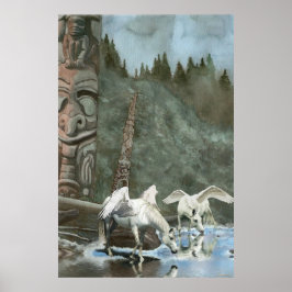 Helig Pegasi, River och Totem Poles Fantasy Art Poster