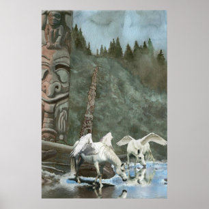 Helig Pegasi, River och Totem Poles Fantasy Art Poster