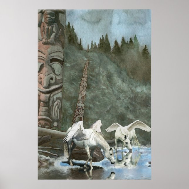 Helig Pegasi, River och Totem Poles Fantasy Art Poster (Framsidan)