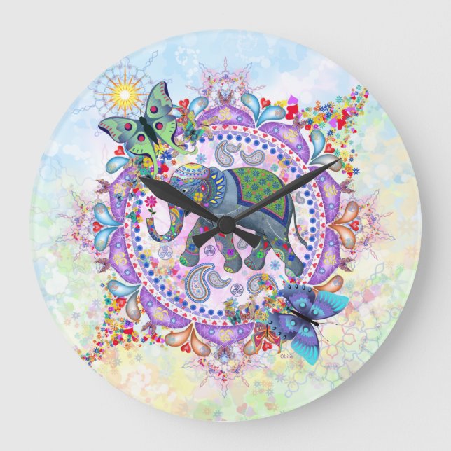 Helig Tribal Henna Elephant stor klocka (Framsida)