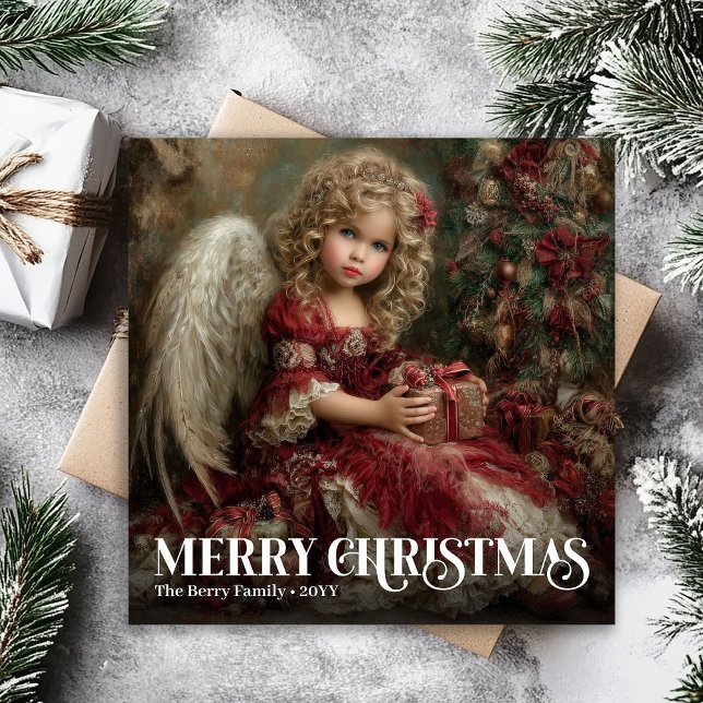 Helig viktoriansk ängel djup röd guld jul  julkort (Sacred Victorian Angel Deep Red Gold Christmas Card)