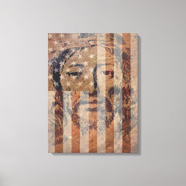Heliga Ansikte i Jesus och det amerikanska Flagga  Canvastryck (Framsida)