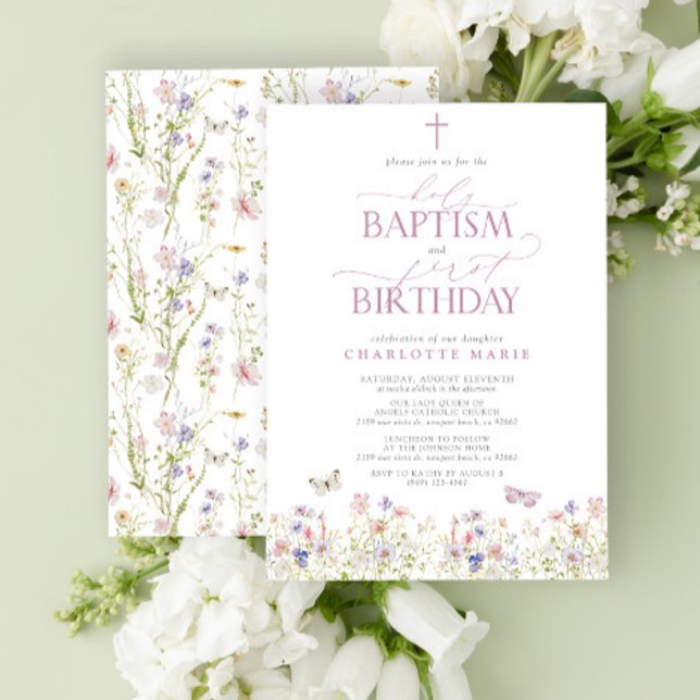 Heliga av Wildblomma Baptism och Rosa av första fö Inbjudningar (Easily personalize this baptism and first birthday invite with your personal details.)
