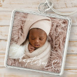 Heliga Baptism Elegant Modern Chic Heart Baby Phot Fyrkantig Silverfärgad Nyckelring<br><div class="desc">Den här enkla och moderna designen består av serif-typografi och lägger till ett foto av anpassningsbarna,  lägg till baby namn och månad och år av baptism</div>