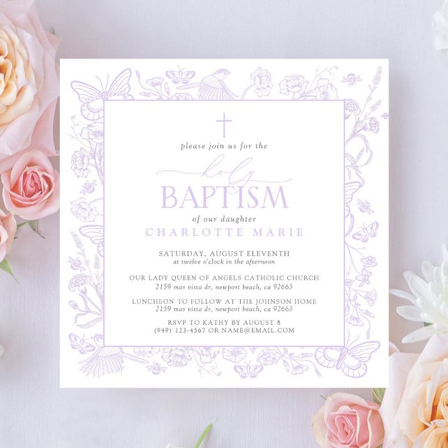 Heliga Baptism Lilac Lavender Blommigt Butterflies Inbjudningar (Holy Baptism Invitation!)