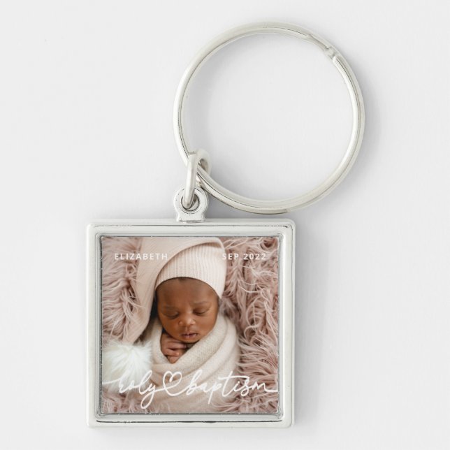 Heliga Baptism Modern Elegant Chic Heart Baby Phot Fyrkantig Silverfärgad Nyckelring (Framsidan)