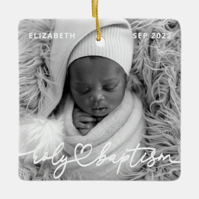 Heliga Baptism Modern Elegant Chic Heart Baby Phot Julgransprydnad Keramik (Framsida)