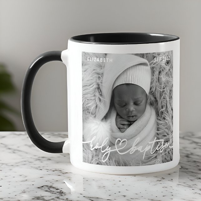 Heliga Baptism Modern Elegant Chic Heart Baby Phot Mugg (Skapare uppladdad)
