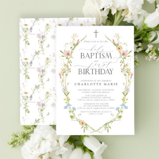 Heliga Baptism och 1:a födelsedagsnäringens natur Inbjudningar (Easily personalize this baptism and first birthday invite with your personal details.)