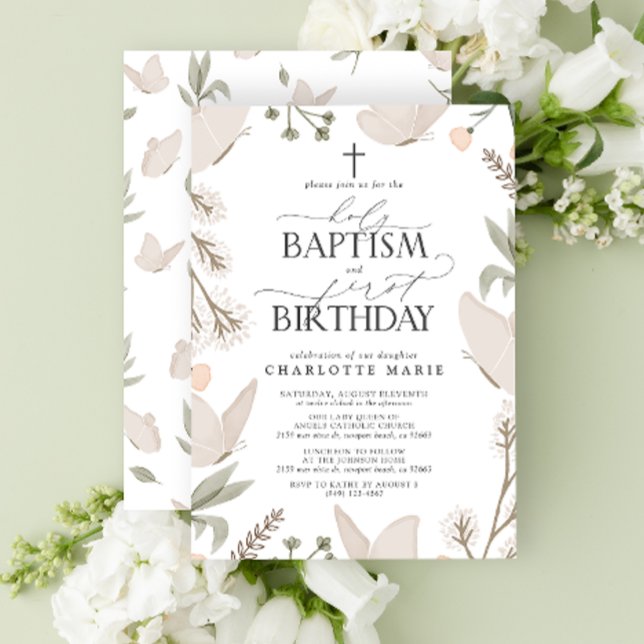 Heliga Baptism och Blommigt för första födelsedags Inbjudningar (1st Birthday Invitation)