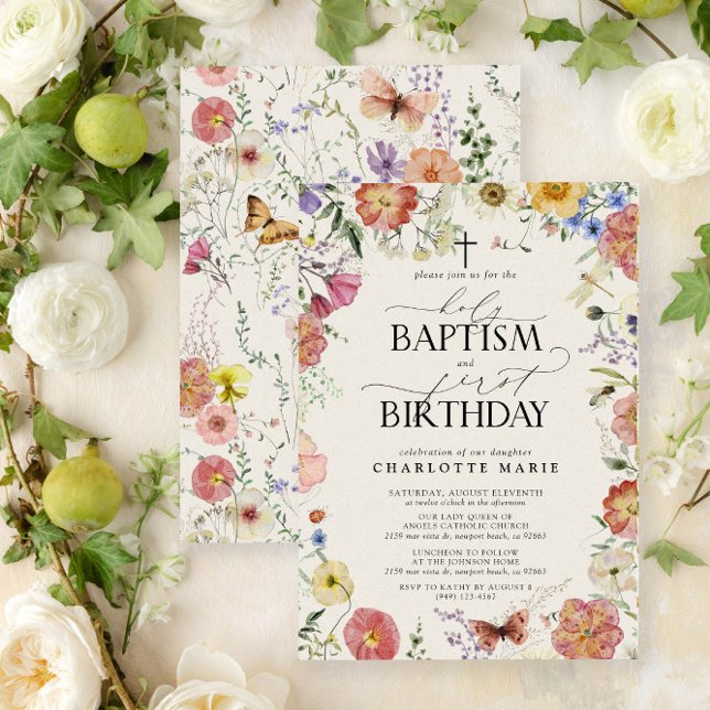 Heliga Baptism och första födelsedag: Blommigten W Inbjudningar (Easily personalize this beautiful baptism and first birthday invitation with your personal details)