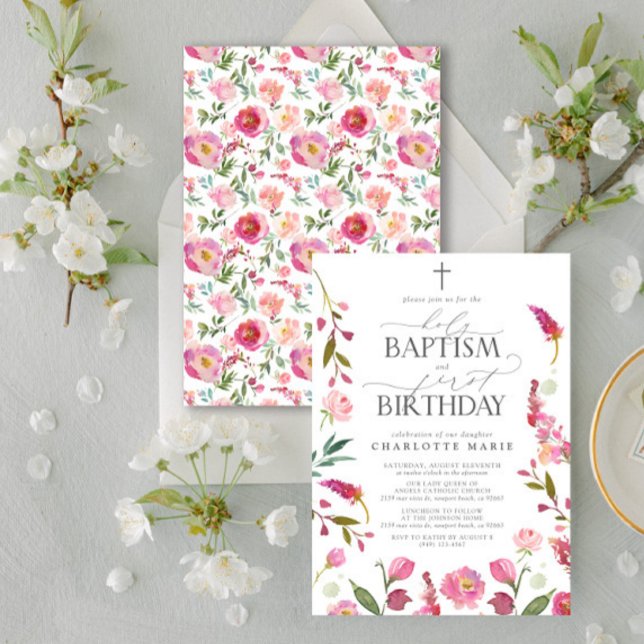 Heliga Baptism och första födelsedag Rosa Blommigt Inbjudningar (Easily personalize this baptism and first birthday invite with your personal details.)