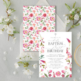 Heliga Baptism och första födelsedag Rosa Blommigt Inbjudningar