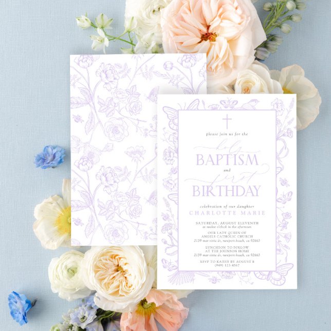 Heliga Baptism och Lavender Flowers från första fö Inbjudningar (Easily personalize this beautiful baptism and first birthday invitation with your personal details)