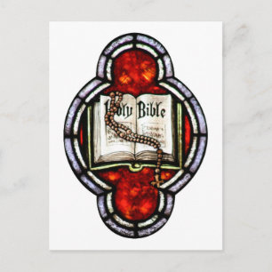 Heliga Bible och Rosary Stached Glass Art Vykort