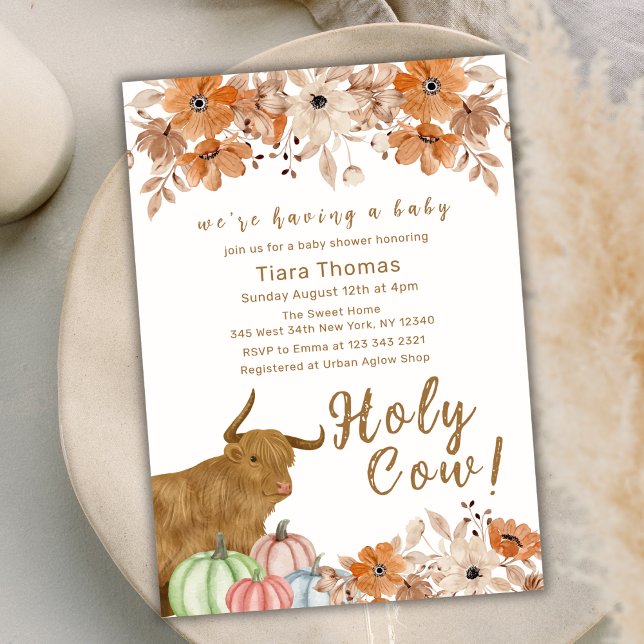 Heliga Blommigt - högland, babyskor för konsoler Inbjudningar (Holy Cow Floral Fall Highland Cow Baby Shower Invitation)