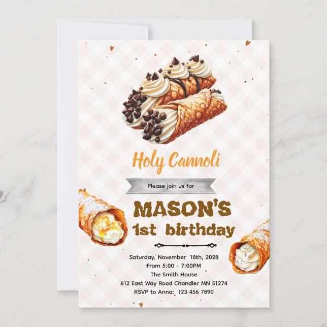 Heliga Cannoli födelsedagsfest inbjudan (Framsida)